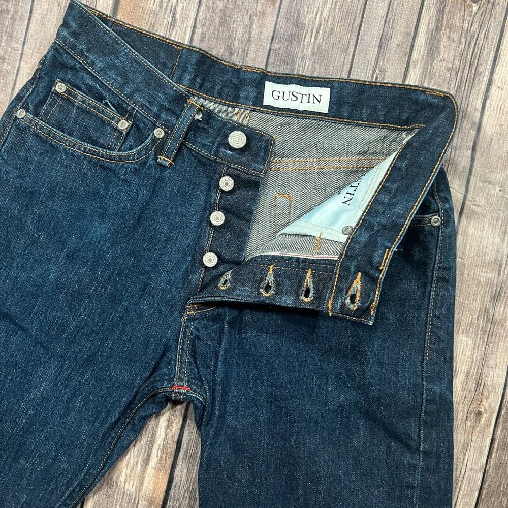 Gustin California Straight Selvedge Jeans Sz 31x33 Blue Denim Button Fly Mens - Picture 3 of 10